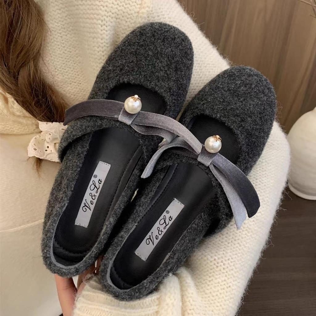 Gray Fluffy Shoes for Women To Wear Outside, New In Autumn, Woolen Inner Height Increase, Flat Bottom Soft Sole To Keep Warm, Mary Jane Single Shoes
