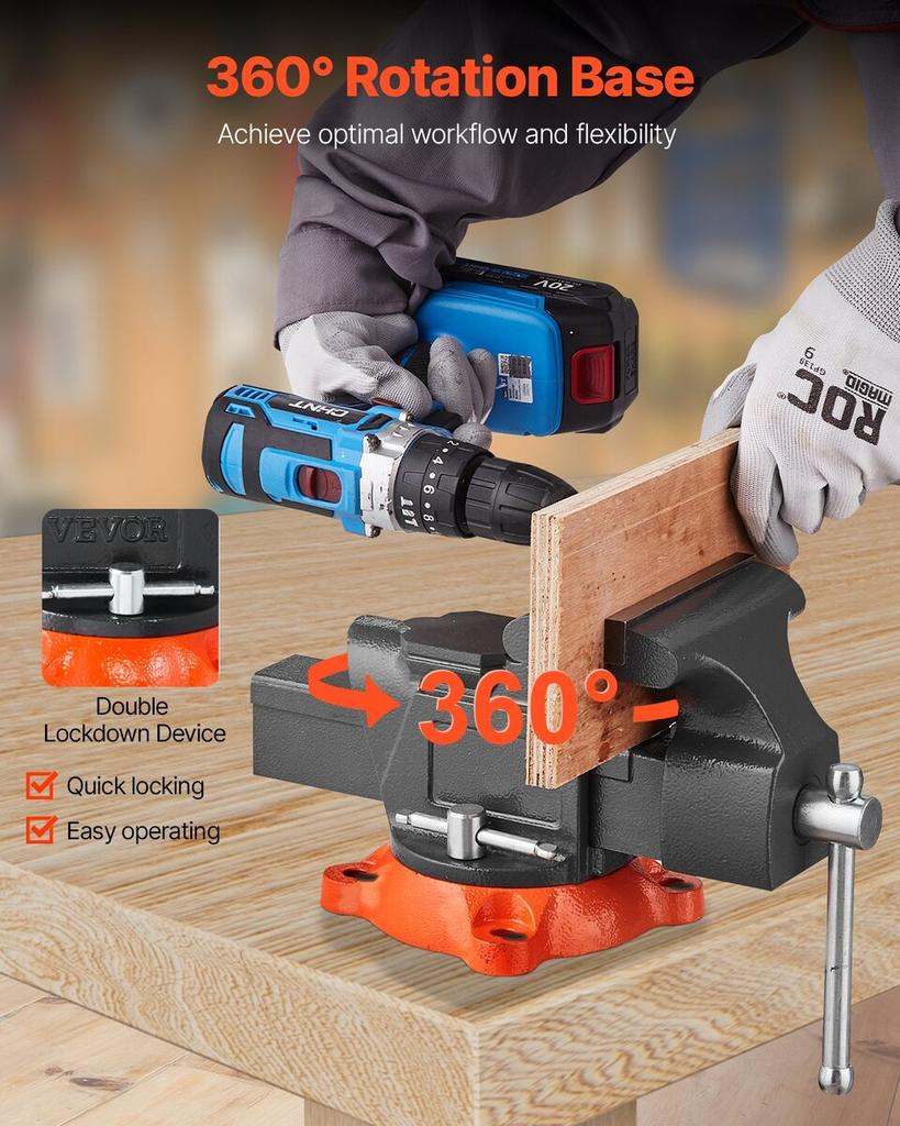5" Bench Vise Multipurpose Heavy Duty Ductile Iron Swivel Locking Base