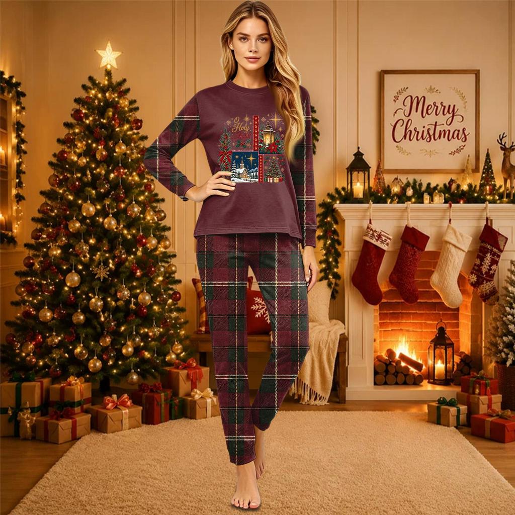 Christmas-print long-sleeve and long-pant matching family loungewear set