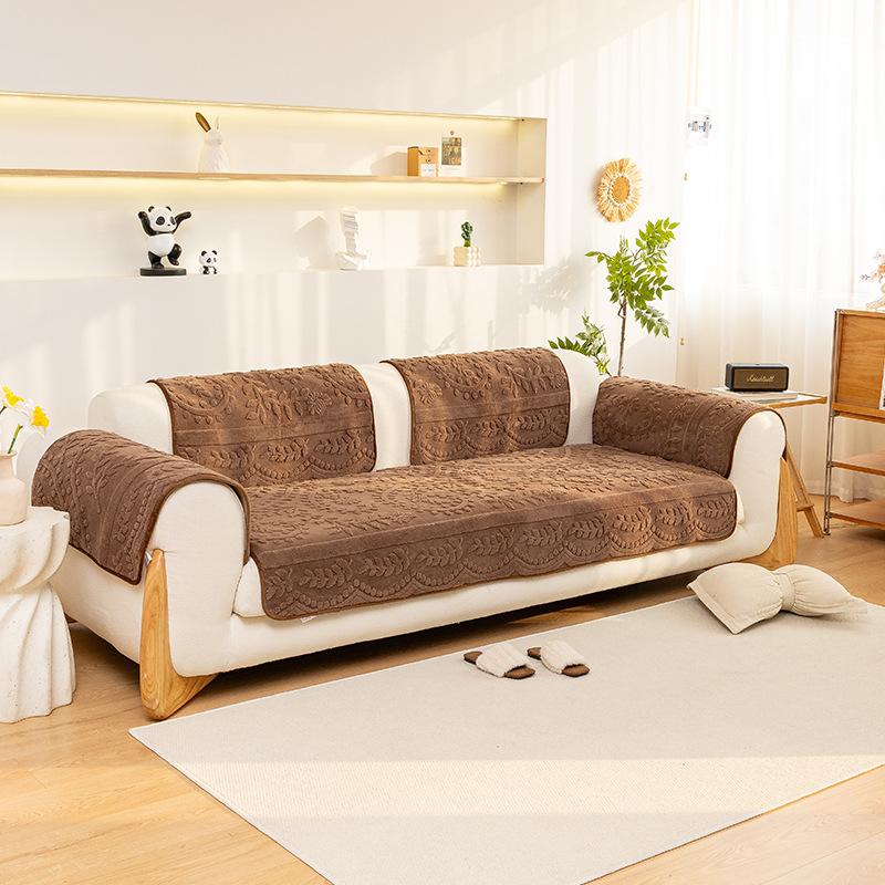 

1 шт. Толстый искусственный мех кролика Зимний теплый чехол для дивана - Элегантный бежевый с цветочными и листовыми узорами Защита для дивана от 1 до 4 мест 90*160cm