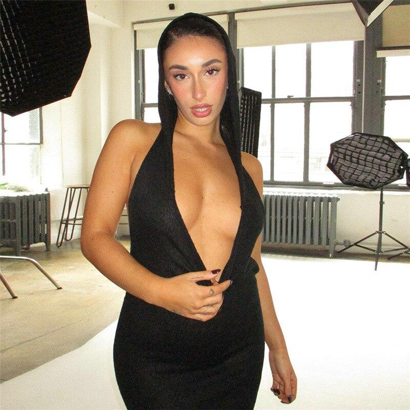 Deep V Neck Sexy Long Hooded Dress Women Fashion Halter Neck Backless Balck Bodycon Y2k Dress Wrap Hip Robe Party Club 26247