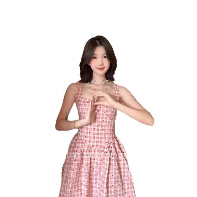 French sweet pink plaid sleeveless Korean dress women's summer sweet and playful girlish A-word skirt short skirt women