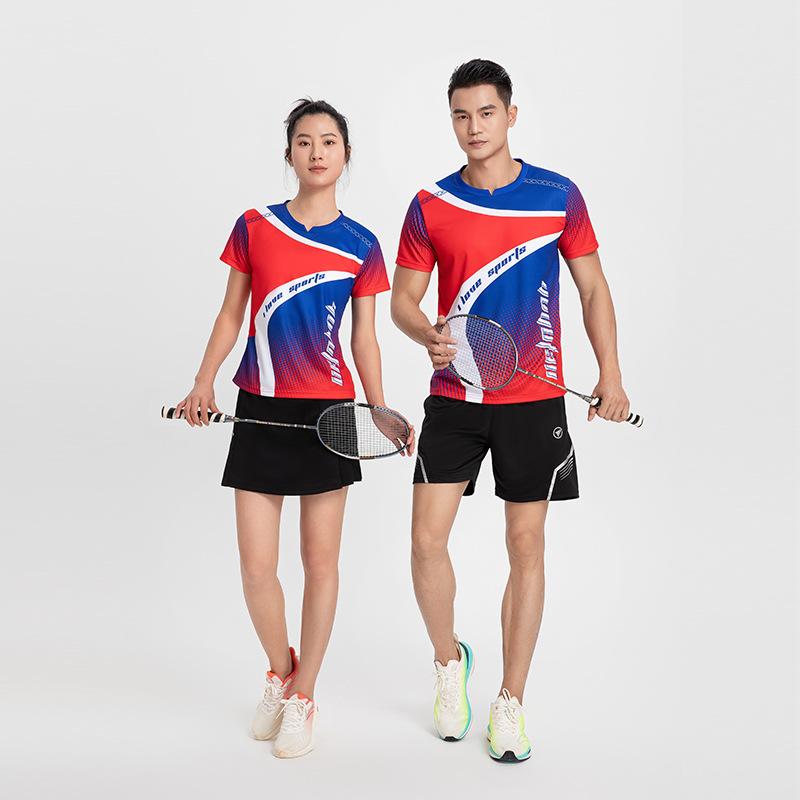 Badminton Clothes Outfit Short-Sleeved Mens and Womens Running Top Red Blue Green Table Tennis Athleticwear Quick-Drying