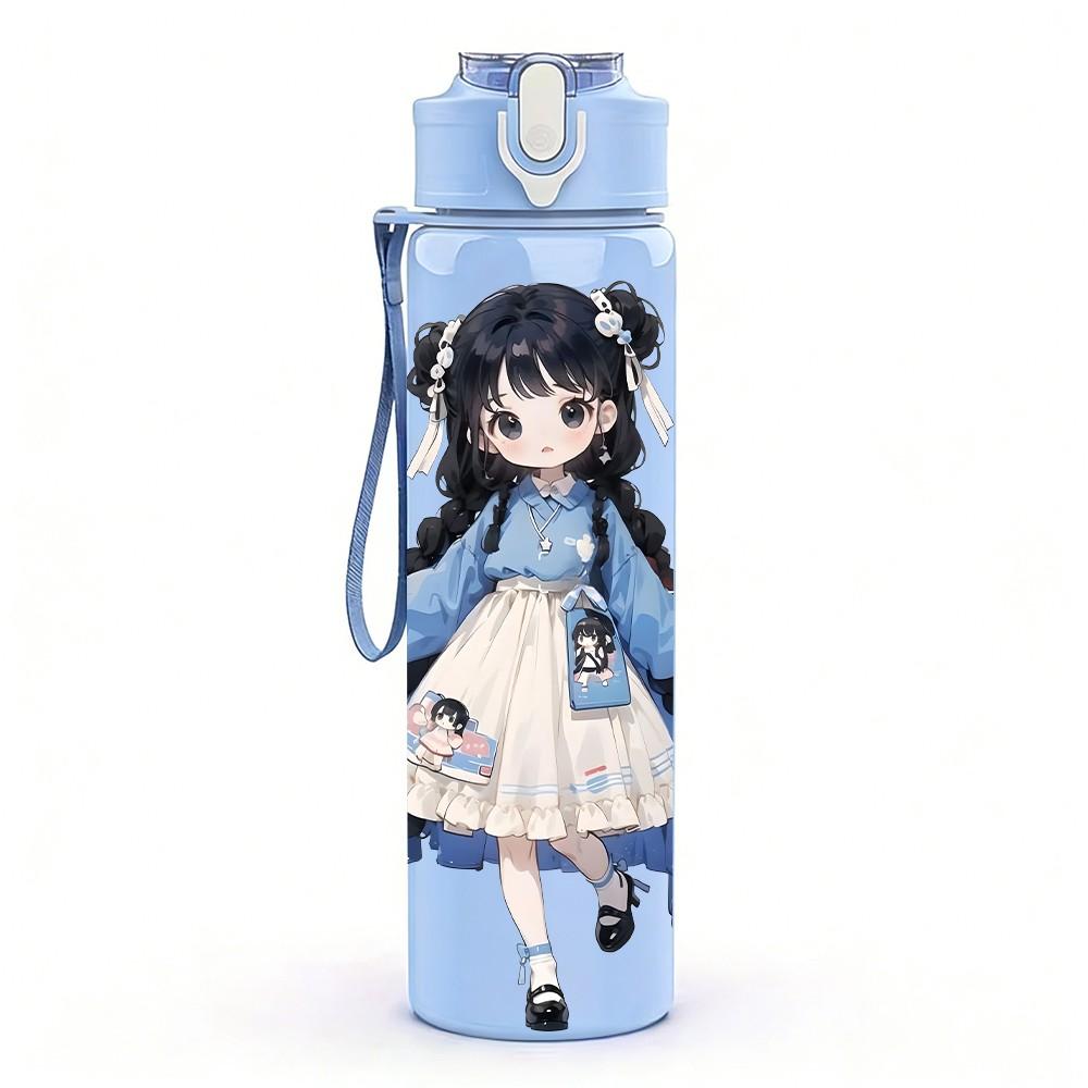 1PC Blue Dress Long Hair Girl Pattern 750ml Color Plastic Sports Water Bottle Leakproof Flip Straw Lid Suitable for Sports Office Home Use