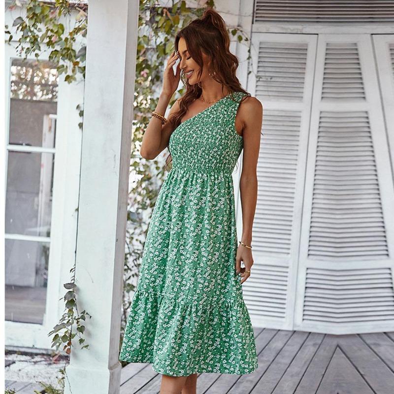 Jaro Léto Květinový potisk Šikmá ohlávka přes ramena Dlouhé šaty Dámské Běžné A-Line Asymetrické Bez rukávů Šikmá ramena Vysoký Pas S-XL