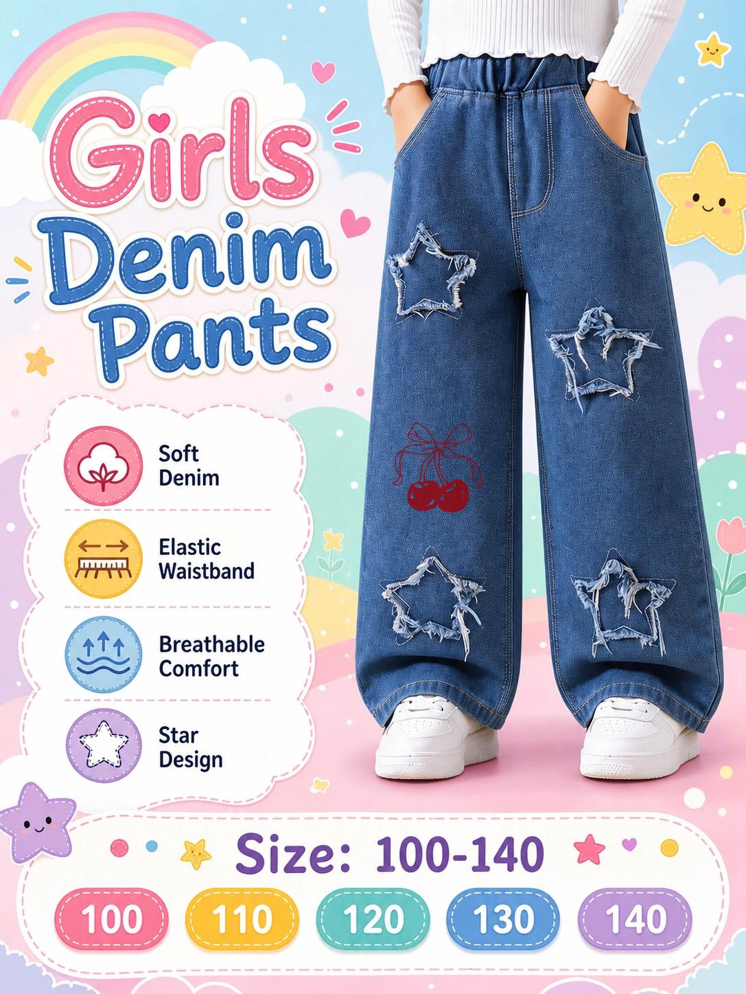 Girls Star Star Denim Wide Leg Pants, Cherry Elastic Waist Daily Trousers 100cm синий