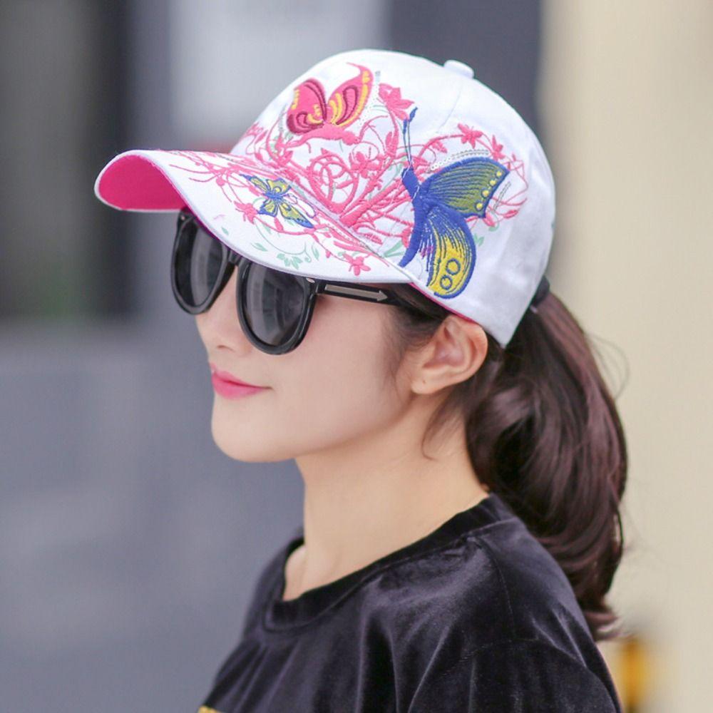 Breathable Floral Butterfly Embroidery Hat Adjustable Women Baseball Cap Curved Brim Hat  For Women