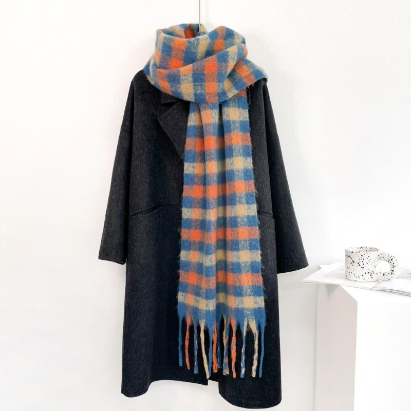 Colored mohair plaid scarf women's warm shawl soft waxy versatile student retro scarf warm