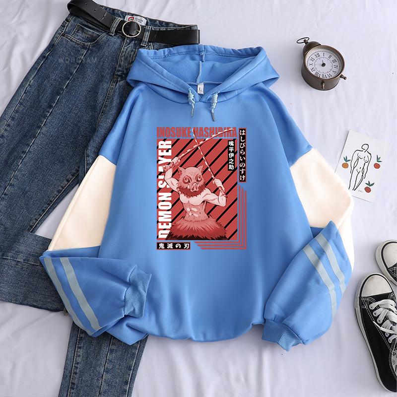 Japan Hot Anime Demon Slayer Hoodie Harajuku Inosuke Manga Cartoon Printed Aesthetics Unisex Oversized Loose Hooded Sweatshirts