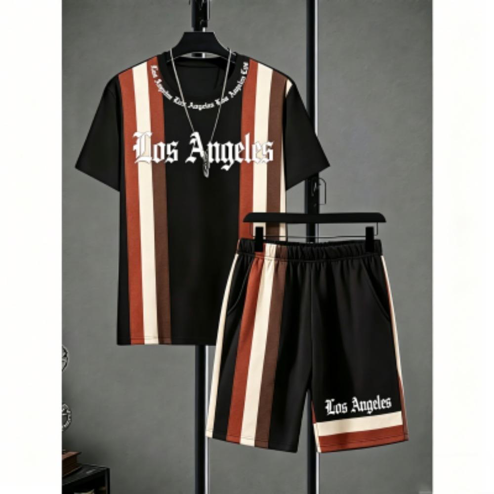 Fashion Men's Set Letter Stripe Printed Men's T-shirt and Shorts 2 Piece Set Summer Casual Outdoor Men's and Women's T-shirt Sets