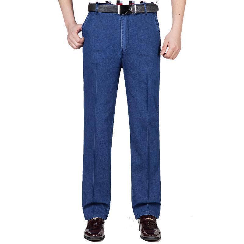 Pantaloni de denim elastic cu talie înaltă pentru bărbați de vârstă mijlocie - pantaloni casual de afaceri de toamnă/iarnă