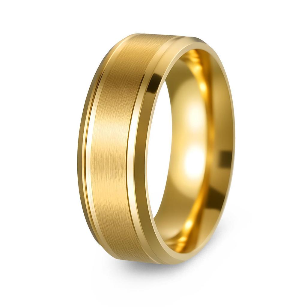 Matte Bevel Stainless Steel Couple Ring - 8/6mm Wide, 18K Gold Plated