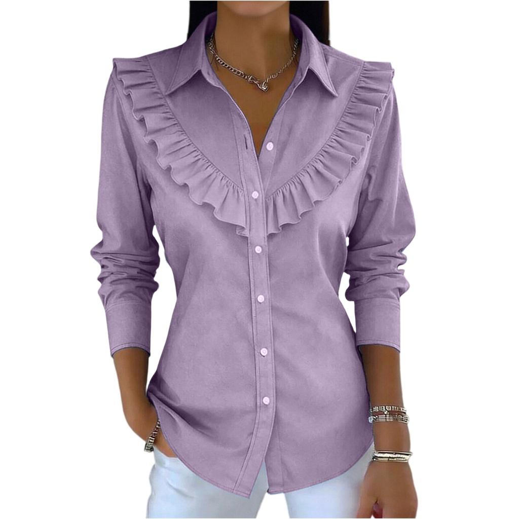 Women's Color Shirt Collar Long Sleeve Casual Loose Flared Cotton Linen Top