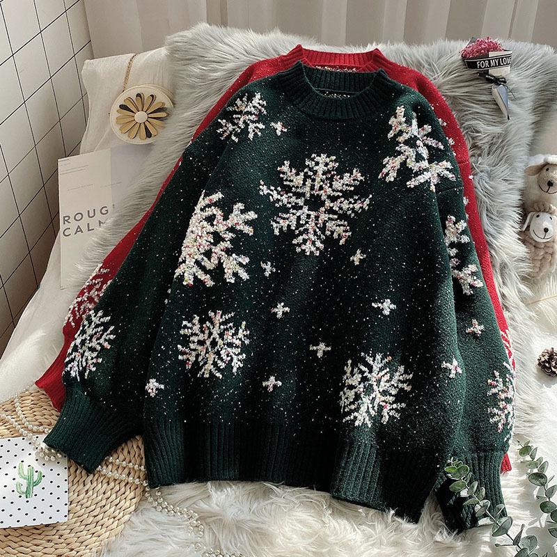 Women's Red Christmas Snowflake Pullover Sweater - Korean Lazy Style Outerwear for Autumn/Winter 2025