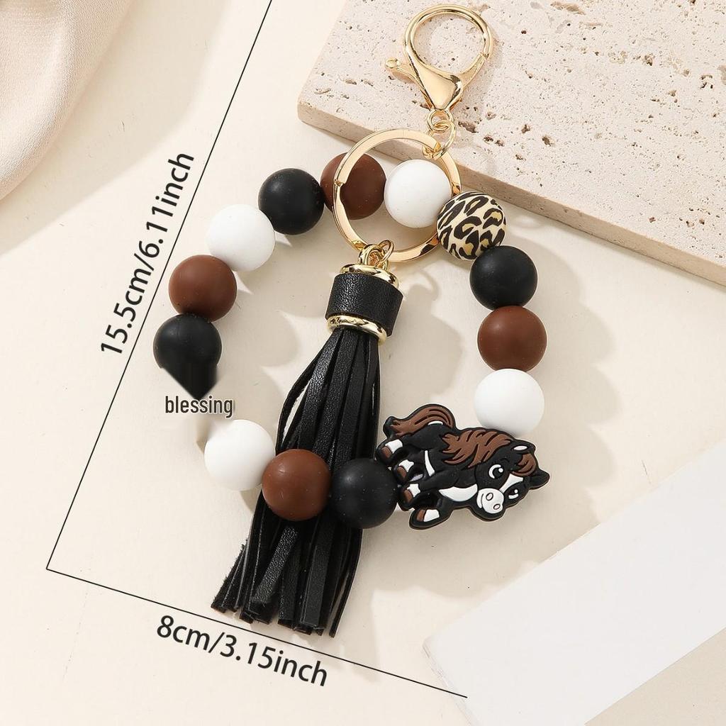 European & American Monogram Silicone and Wood Beads Tassel Keychain Bracelet