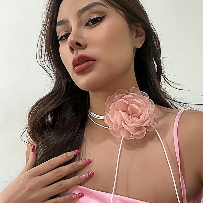 Fluffy Fabric Lace Flower Choker Necklace For Women Trendy Elegant Long Lace-Up Rope Chains On Collar Jewelry