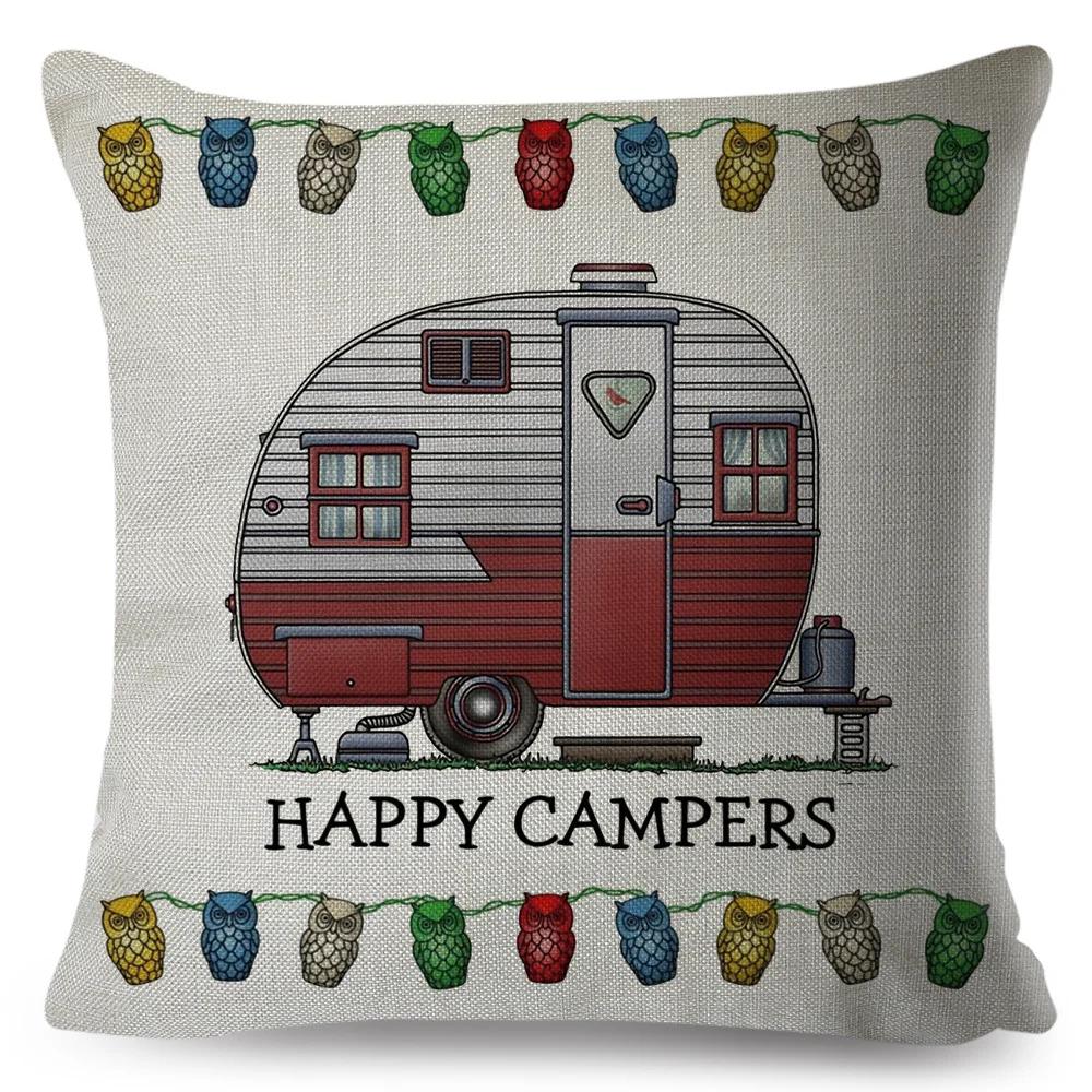Happy Camper Pillowcase Decor Cartoon Travel Car Printed Pillow Case for Home Sofa Children Room Polyester Cushion Cover 45x45cm