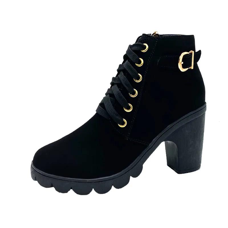 Fashion Women Boots Lace Up Ankle Boots Spring Fashion Outdoor Pumps Boots Black Buckle High Heel Boot Plus Size Platform Women Shoes