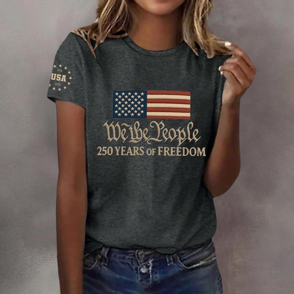 Pulôver casual feminino com decote redondo e manga curta, camiseta estampada