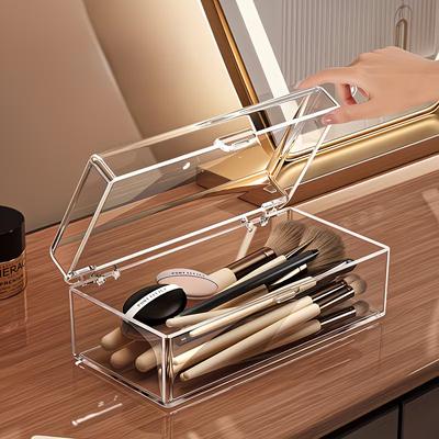 Portable Vanity Cosmetic Storage Box with Lid, Transparent Durable Organizer for Lipstick Eyeshadow Makeup Brushes