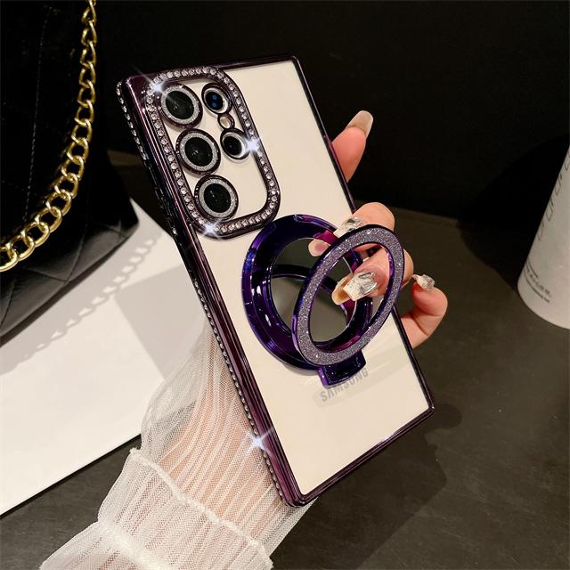 For Samsung Galaxy S24 Ultra Luxury Plating Diamond Frame Flash Mirror Stand Holder Phone Case For Samsung S22 S23 S25Plus Cover