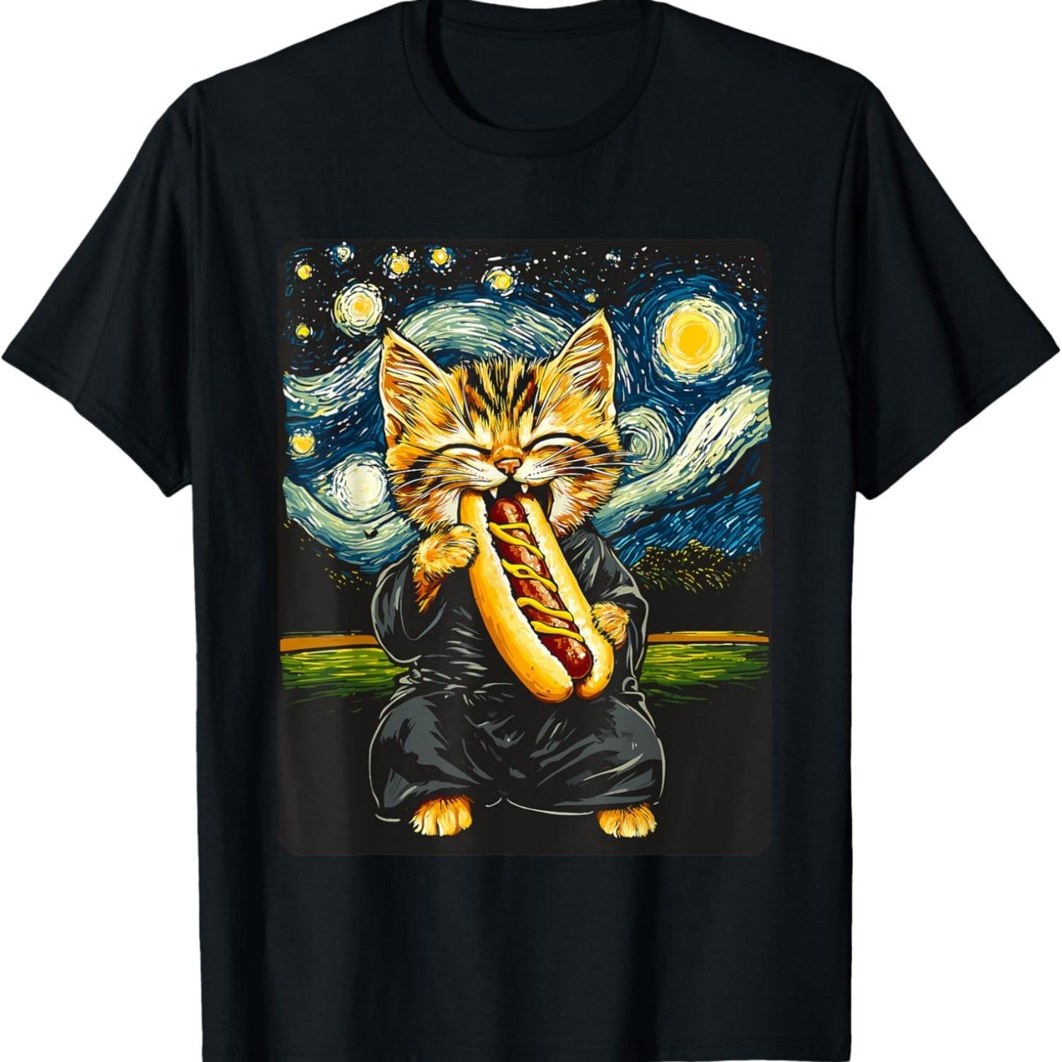 Funny Cat Eating a Hot Dog Under Starry Sky Men Women Kids T-Shirt S чёрный