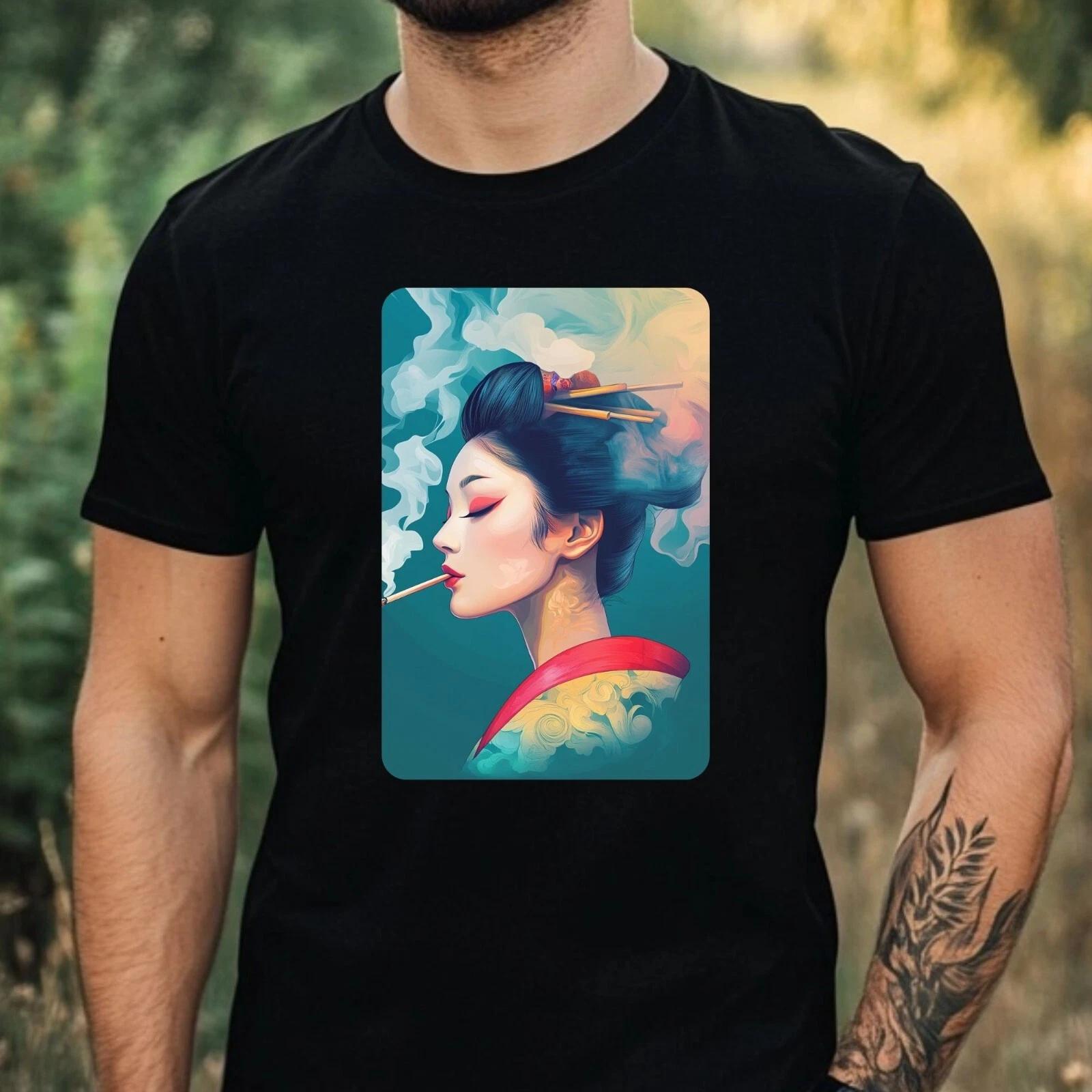 T-Shirt Herren Geisha Raucht Motiv Baumwolle Größe XS bis 5XL L