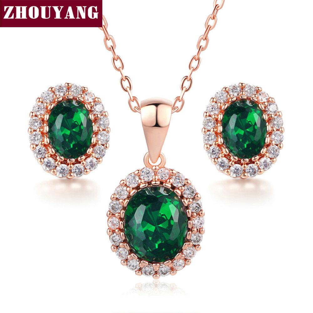 Red Crystal Necklace Earrings Jewelry Set For Women Simple Rose Gold Color Oval Rhinestone Accessories Wholesale Girl Gift S213