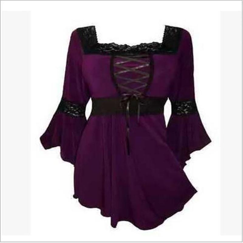 Women Size Plus Lace Up Blouse Shirts Ruffle Ladies Long Sleeve Tunic Peplum Top