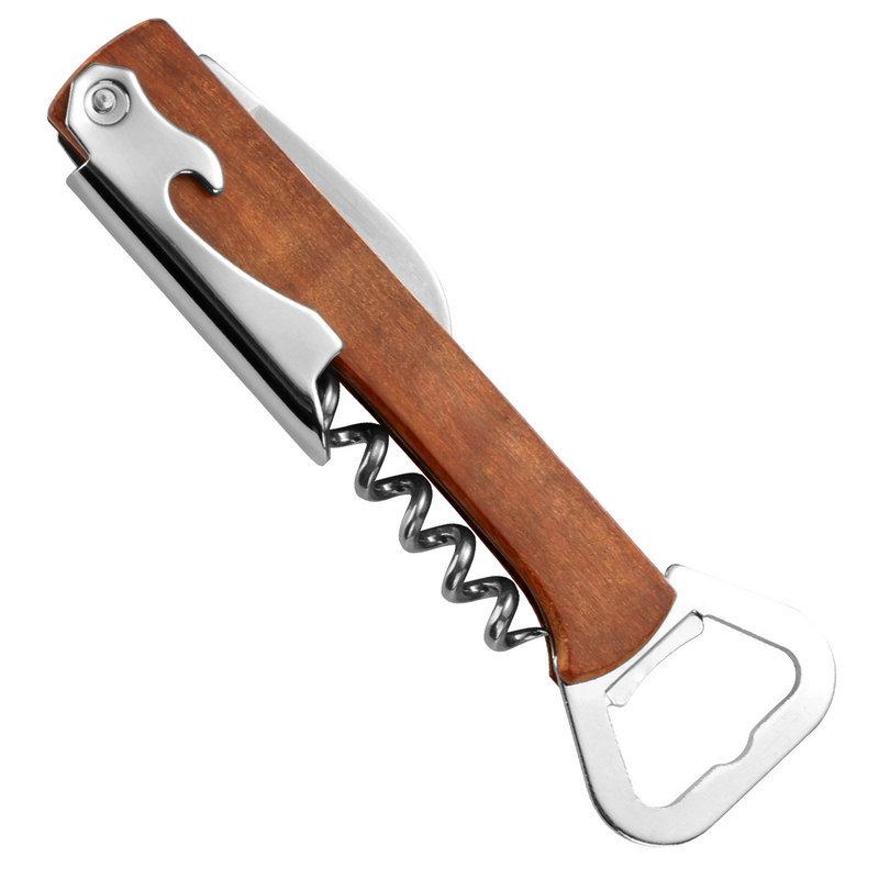 3-in-1 Portable Wine Opener with Wooden Handle: Waiter's Knife & Stainless Steel Beer Opener