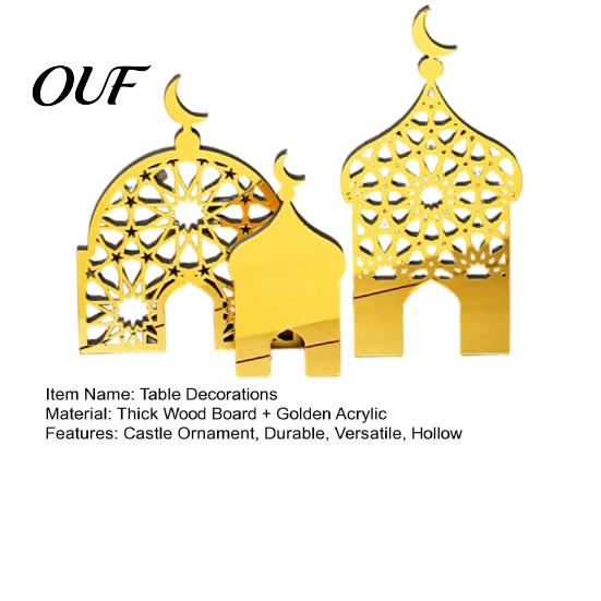 Ramadan Table Decor 3PCS Golden Castle Ornament, Hollow Mosque Design, Thick Wood And Decorative Wooden Signs Acrylic Desktop Accents, Religious
