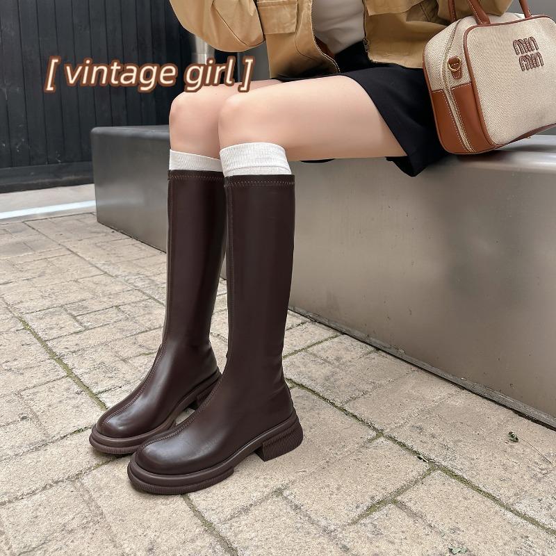 Cowhide version~ Leather thick-soled high knight boots, small but knee boots, fat mm long boots, elastic and thin boots