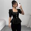 European Style Summer Elegant Fashion Square Neck Short Sleeve Button Blouse
