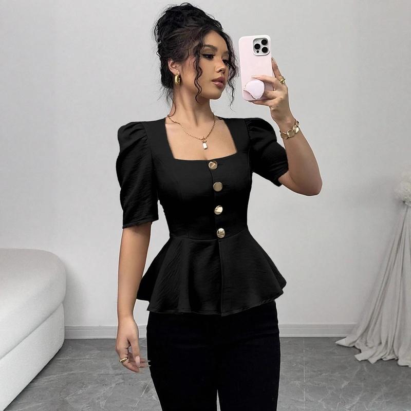 European Style Summer Elegant Fashion Square Neck Short Sleeve Button Blouse
