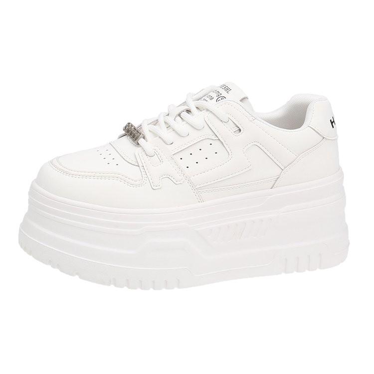 2025 New Leather Cowhide Lace-up Platform Muffin Bread Shoes White Shoes Casual Board Shoes Versatile Height-increasing Women's Shoes