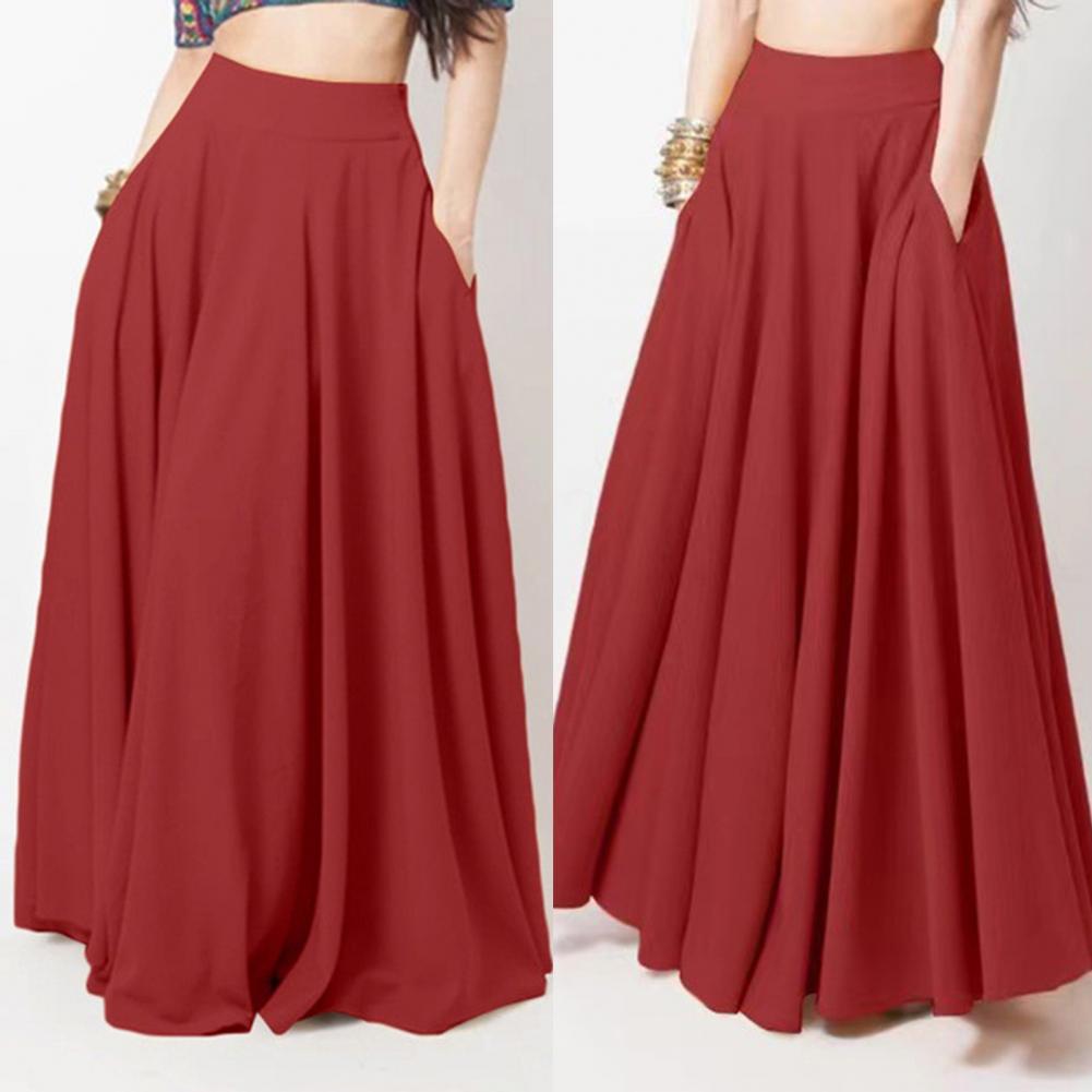 Damen Maxirock Hohe Taille A-Linie Unifarben Rock mit Taschen Lockerer Schnitt Passform Faltenrock Lang Freizeit Alltagskleidung