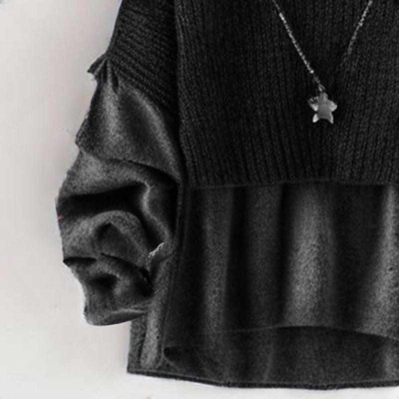 Japanese Autumn/Winter 2024 Round-Neck Knit Patchwork Two-Piece Long Sleeve Top