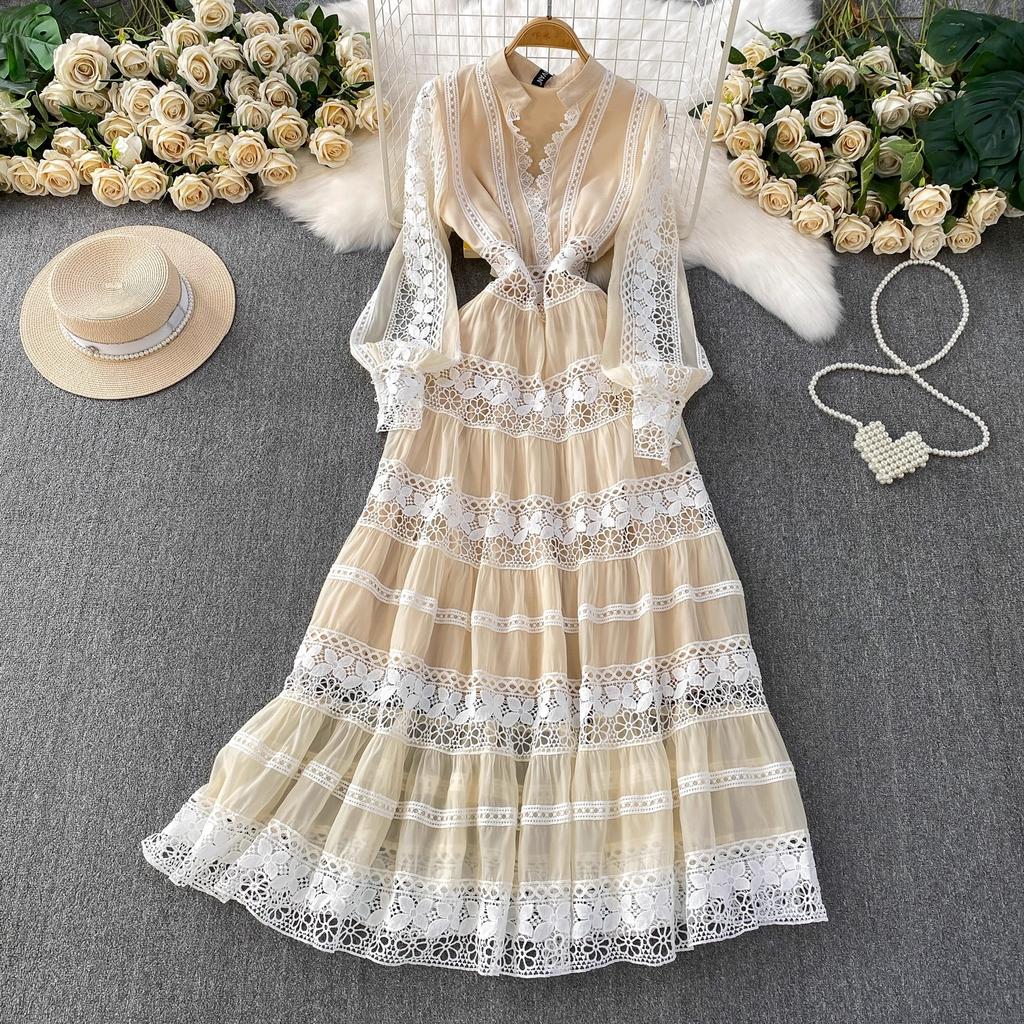 Vestidos de Noite de Baile de Outono de Designer de Luxo Vazados Bordados Para Mulheres Renda Patchwork Decote em V Manga Longa Lanterna Maxi Robe