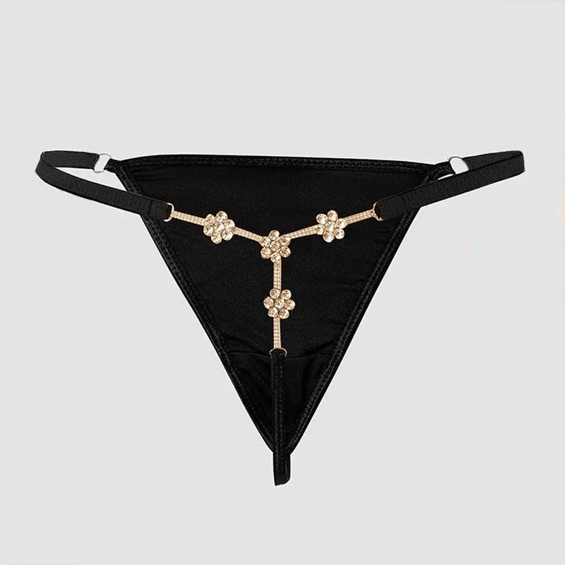 Sexy Blumen-Kristall-Tanga-Bikini-Höschen-Schmuck für Frauen, Stretch-Seil, Strass-Tanga-Rücken-Höschen, Körperschmuck