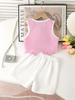 Two-piece set for girls, Korean style, elegant, three-dimensional bow ribbon, irregular design top and basic versatile comfortable shorts.
