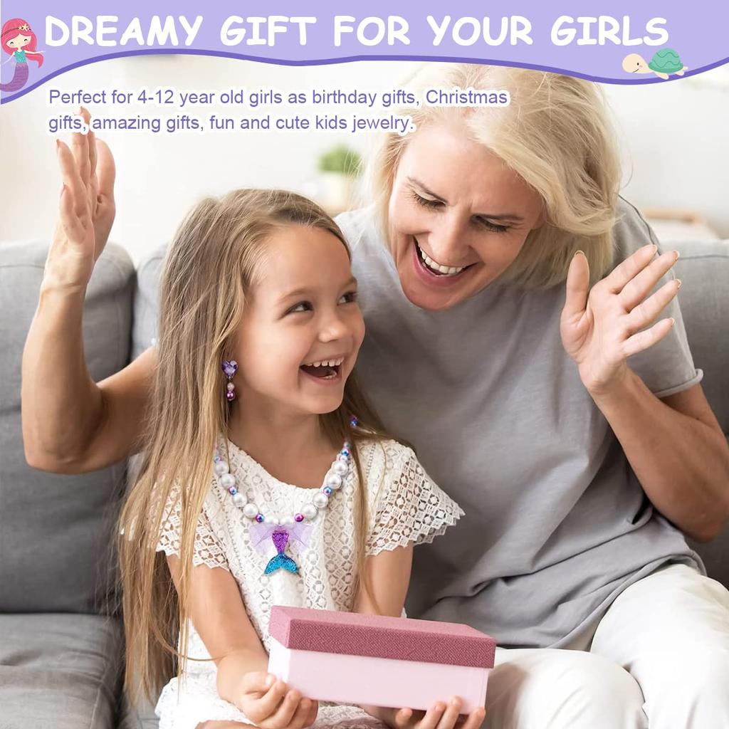 Mermaid Necklace Bracelet Jewellery for Kids Girls Set, Pearl Beads Necklace/Bracelet, Ring Combo Kit for Party Costume Jewelry Supplies Gift