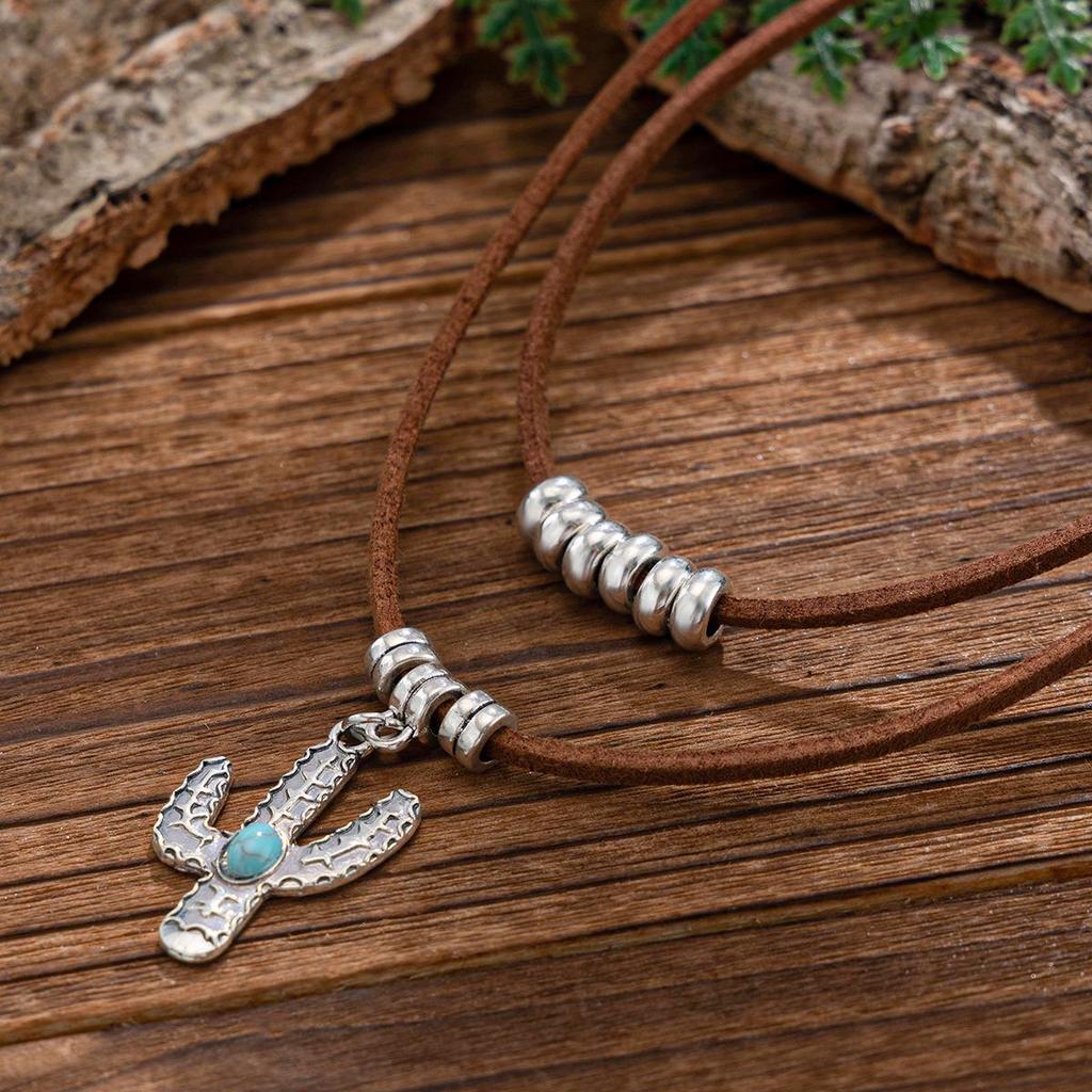 Vintage Ethnisches Türkis Kaktus Halsband mit Metallherz & Samt-Choker