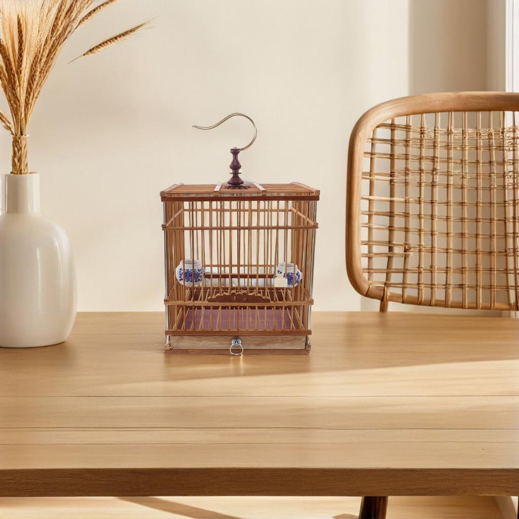 Bamboo Bird Cage Retro Rectangular Frame with Hanging Hook Carbonized for Finches Goldfinches Budgies Portable