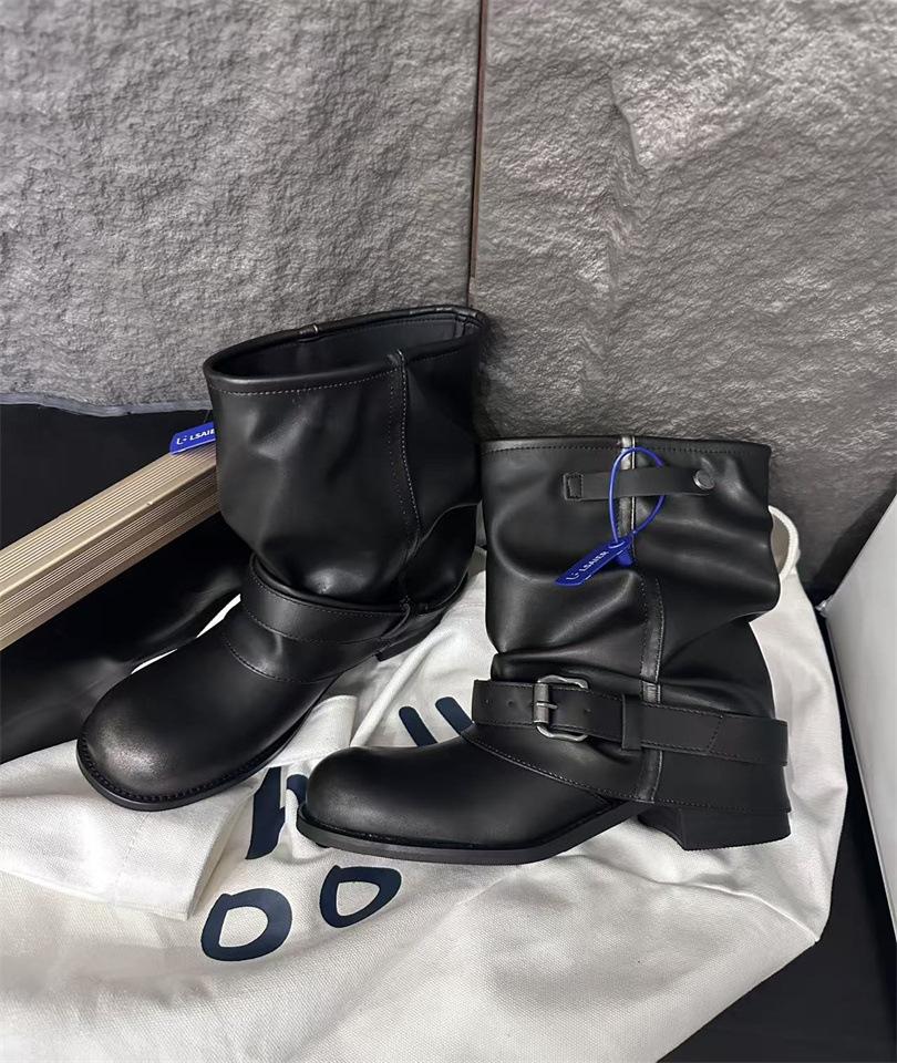 

2025 новые женские ковбойские сапоги в западном стиле, плиссированный ворс, черные, с круглым носком, в стиле ретро, на толстом каблуке, женские рыцарские сапоги 39 чёрный