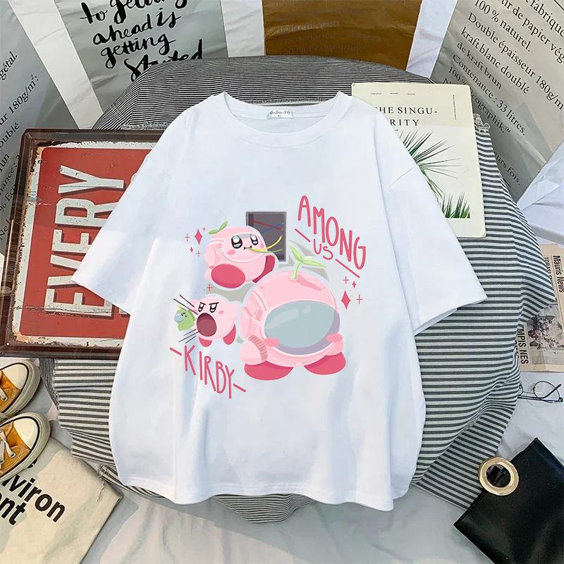 Kirby Shirt Summer O-neck Round T-shirt Cotton Short-Sleeve Tops Solid Color Adult Printed Anime White Tshirt Collar Couple Tees