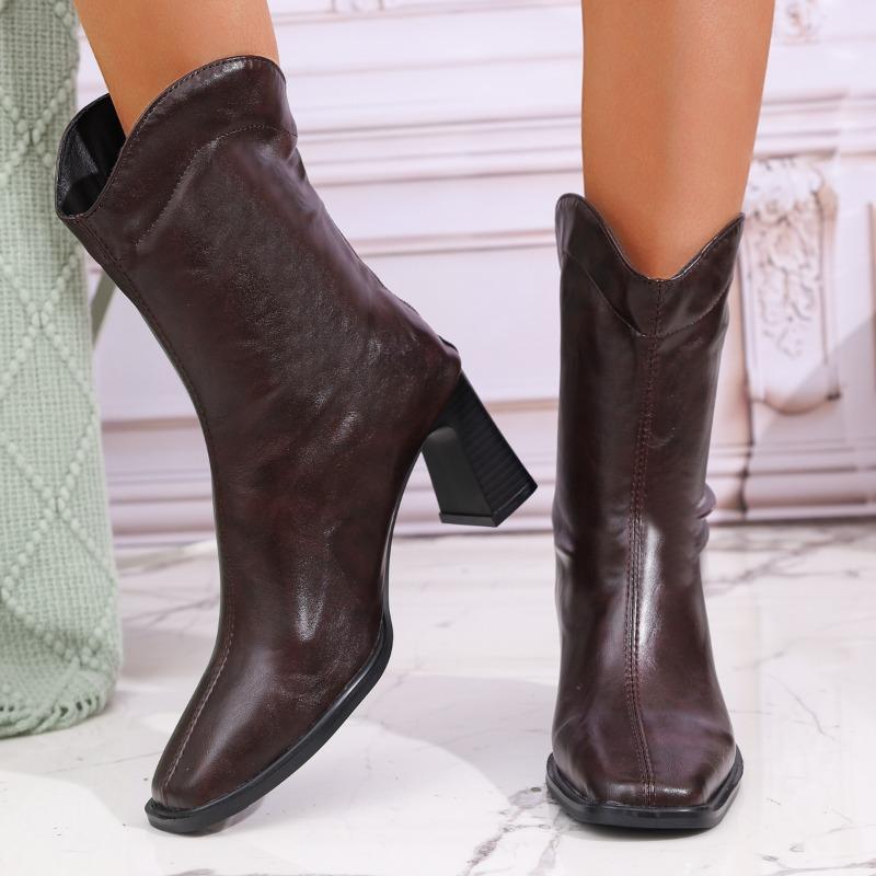Winter New French High-heeled Boots Retro Pointed Toe V-mouth Thick-heeled Women's Boots Multi-color Large-size Boots