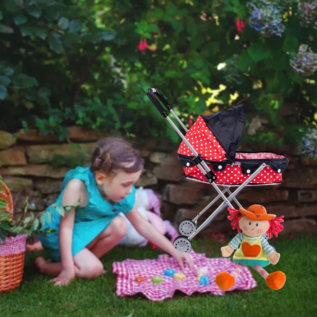 Dollhouse Pretend Play Baby Stroller Push Cart for Kids with Iron Frame and Oxford Fabric