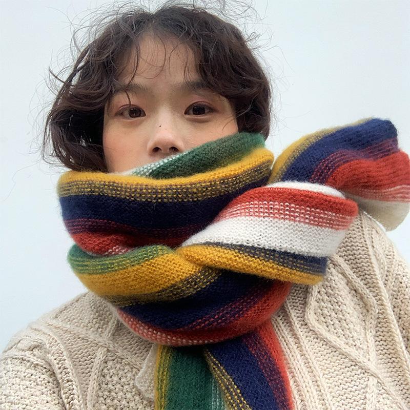 High Sense Ins Rainbow Knitted Scarf Women's Autumn and Winter Thickened Warm Shawl Korean Version of Student Cute Girl Scarf