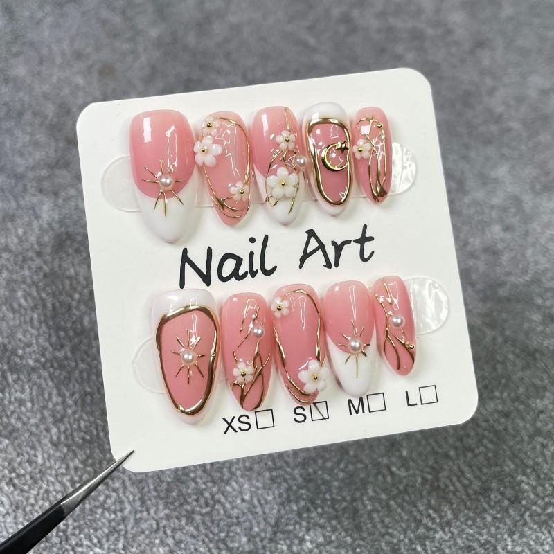 Gel Nail Tips With Floral Pearl Embellishment French Style Ice-Transparent Nude Pink Women Small
