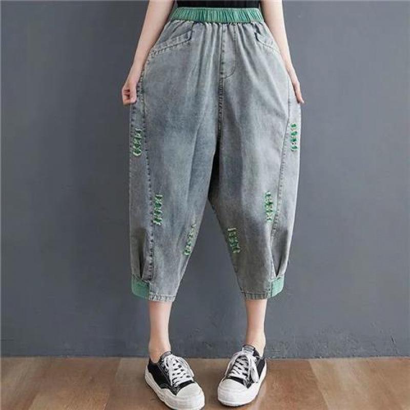 

Жіночі літні повсякденні джинсові штани великого розміру з високою талією, вільні та стрункі, контрастного кольору, штани-гарем 2XL